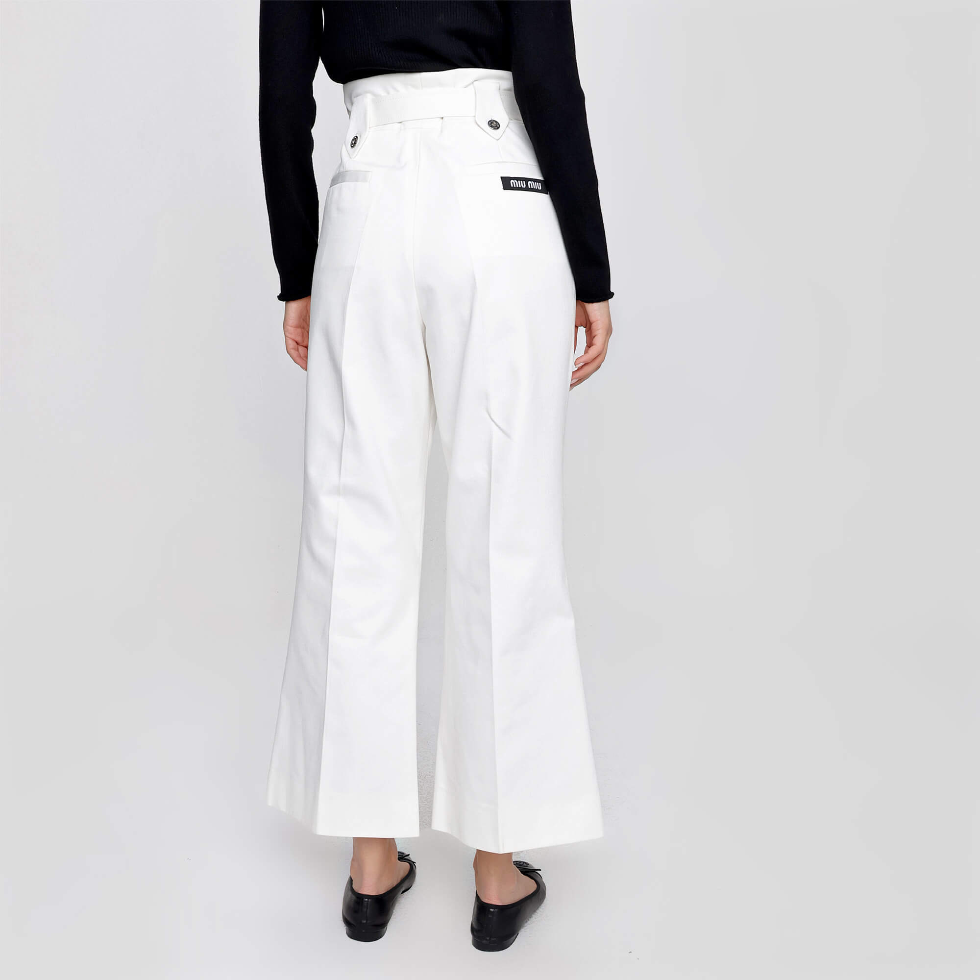 Miu Miu - White Cotton Button Fastening Flared Pants With Adjustable Belt